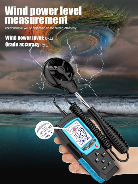 Handheld Wind Speed Meter With Sensor For Wind Velocity In Meters Per Second, Kilometers Per Hour, Miles Per Hour, Knots And Feet Per Minute, Also Tracks CFM Air Flow, Wind Temp And Humidity, Big Backlit Display For Outdoor Work And HVAC DIY, shown with extendable sensor measuring wind power.