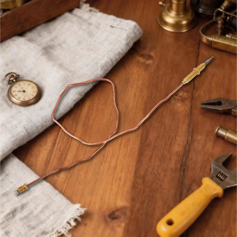 Two Pack Fire Pit Thermocouples Replacement 60x1 Cm 23.6x0.4 In on wooden table with tools and clock