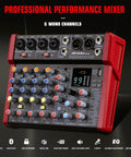 Front view of 8-Channel Audio Mixer With 99 DSP Effects And 48V Phantom Power For DJs And Producers showing controls and connectors.