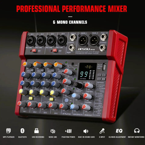 Front view of 8-Channel Audio Mixer With 99 DSP Effects And 48V Phantom Power For DJs And Producers showing controls and connectors.