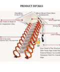 Electric Pull Down Attic Ladder Built Tough With Premium Carbon Steel Smooth Scissor Action detailed with orange handrails and unique folding design.