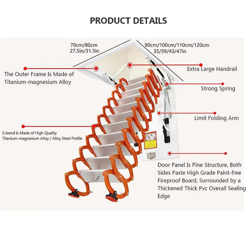 Electric Pull Down Attic Ladder Built Tough With Premium Carbon Steel Smooth Scissor Action detailed with orange handrails and unique folding design.