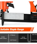 Close-up of Totally Badass Pneumatic Brad Nailer And Furniture Staple Gun showing staple range and specifications on the body.