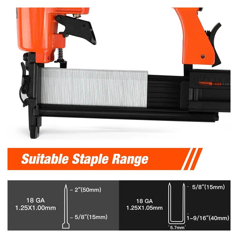 Close-up of Totally Badass Pneumatic Brad Nailer And Furniture Staple Gun showing staple range and specifications on the body.