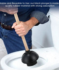 Person using a Heavy Duty Rubber Toilet Plunger 12 Pack with smooth suction cups and long wooden handle for clogs.