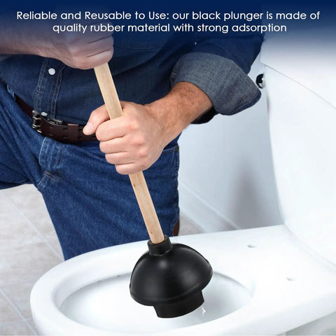 Person using a Heavy Duty Rubber Toilet Plunger 12 Pack with smooth suction cups and long wooden handle for clogs.
