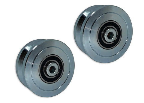 Beefy 2 Pack 4 Inch Circumference V Groove Gate Wheel Rollers, Heavy Duty Steel With Sealed Bearings, Chrome Finish