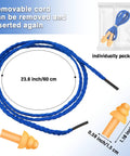 Corded Silicone Earplugs Bulk 200 Pairs Reusable Noise Cancelling Sleep Hearing Protection For Work Construction Shooting Sports Yellow And Orange Great For All Day Comfort And Shared Use; earplug with removable blue cord and packaging.