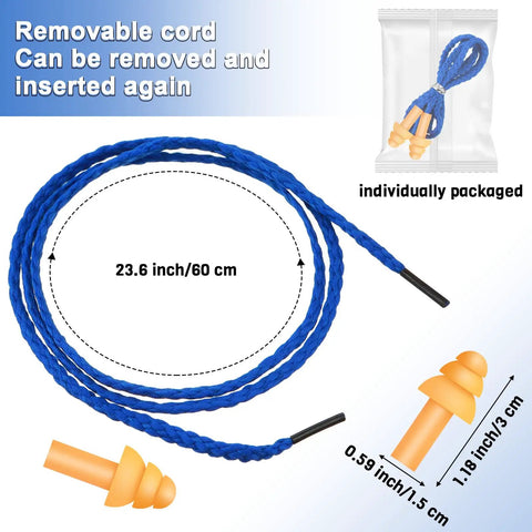 Corded Silicone Earplugs Bulk 200 Pairs Reusable Noise Cancelling Sleep Hearing Protection For Work Construction Shooting Sports Yellow And Orange Great For All Day Comfort And Shared Use; earplug with removable blue cord and packaging.