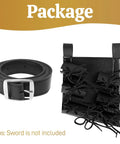 Back Mounted Katana Belt For Three Swords Adjustable Leather Holster With Frog Lacing Ideal For Samurai Cosplay Costume Anime Con Renaissance Festival Larp Ready, shown in package with belt and lacing holster.