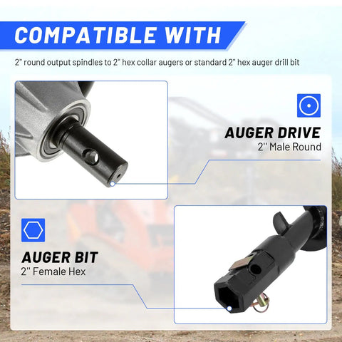 Heavy Duty Auger Adapter Coupler Converts 2 Inch Female Round To Male Hex Shaft Bit Screw For Skid Steer Tractor Digger with hex collar.
