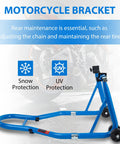Beefed Up Heavy Duty Motorcycle Stand 850 Lb Capacity Rear And Front Wheel Lift Swingarm Paddock Stands Blue shown with snow and UV protection features.