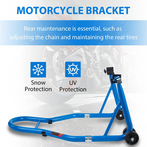 Beefed Up Heavy Duty Motorcycle Stand 850 Lb Capacity Rear And Front Wheel Lift Swingarm Paddock Stands Blue shown with snow and UV protection features.