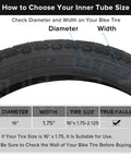 Diagram showing tire diameter and width for Two Pack 16 Inch Bike Inner Tubes For Kids Mountain Bikes Fits 1.75 To 2.125 Tire Width