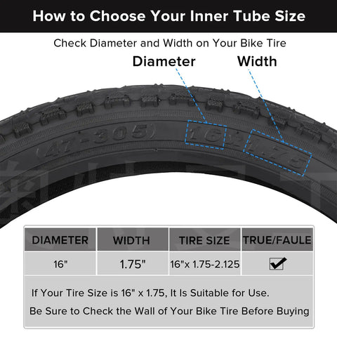 Diagram showing tire diameter and width for Two Pack 16 Inch Bike Inner Tubes For Kids Mountain Bikes Fits 1.75 To 2.125 Tire Width