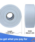 Front view: white waterproof sealing caulk tape roll, self-adhesive sealant, 3.2 m length, 38 mm width.