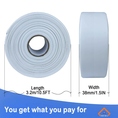 Front view: white waterproof sealing caulk tape roll, self-adhesive sealant, 3.2 m length, 38 mm width.