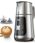 All In One Milk Frother For Home Baristas With 450ml Capacity, Auto Foam Maker visible with accessories and latte art