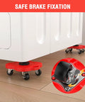 No Sweat Heavy Duty Furniture Mover Sliders With Braked Swivel Wheels and 360 Degree Turn Anti Grip Footpads under appliance on wood floor.