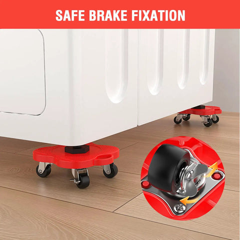 No Sweat Heavy Duty Furniture Mover Sliders With Braked Swivel Wheels and 360 Degree Turn Anti Grip Footpads under appliance on wood floor.