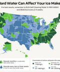 Ice maker infographic showing a United States map of hard water areas and descaling recommendations.
