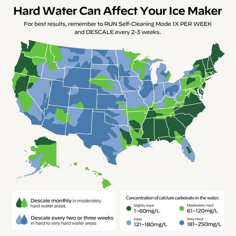 Ice maker infographic showing a United States map of hard water areas and descaling recommendations.