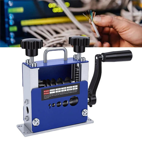 Hassle Free Wire Stripper Machine For Electrical Work Hand Crank Or Drill Powered Operation, showing adjustable rollers and handle.