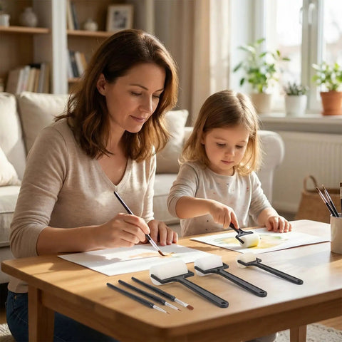 Mother and daughter using Six Piece Foam Sponge Roller And Brush Kit With Solid Comfort Grip Handles for watercolor art.