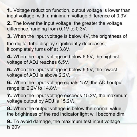 Instructions for Adjustable LM2596 Power Supply Soldering Kit indicating voltage regulations.