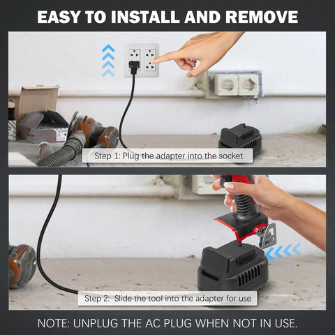 Real Deal AC To DC Voltage Converter For Milwaukee M18 Power Tools installation steps showing adapter plug and tool use.