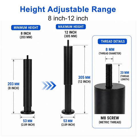 Diagram of Heavy Duty Adjustable Bed Frame Support Legs 7 to 12 Inch Set showing dimensions and M8 screw details.