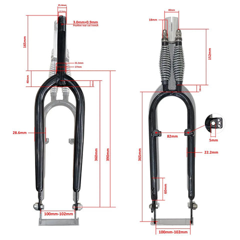 26 Inch Double Springer Suspension Fork For Cruiser And Chopper Bikes, 1 Inch Threaded Steerer, Black Steel, Front and Side View