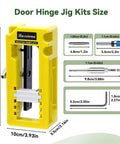 No Sweat Door Hinge Jig And Router Mortiser Guide With Grippy Silicone Base shown with measurements for cabinet projects.