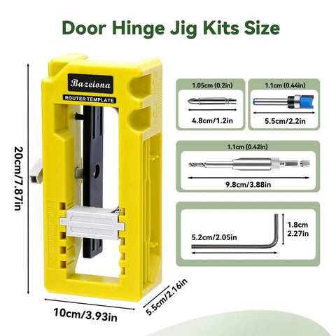 No Sweat Door Hinge Jig And Router Mortiser Guide With Grippy Silicone Base shown with measurements for cabinet projects.