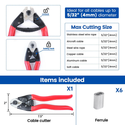 Beefy Heavy Duty Wire Rope Cutter For One Eighth Inch To Five Thirty Second Inch Cables Stainless Steel Aircraft Grade Perfect For Deck Railing Bicycle Cables Fences And Metal Projects CR12 with red handles