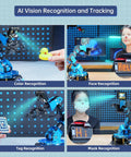 LewanSoul 6DOF robotic arm with AI vision; blue modular arm performing color, face, tag, and mask recognition.