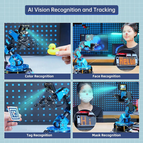 LewanSoul 6DOF robotic arm with AI vision; blue modular arm performing color, face, tag, and mask recognition.