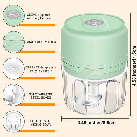 Chill Out With This Tiny Wireless Garlic Chopper That Zips Mini Food Processing, featuring green lid, 304 stainless steel blade.