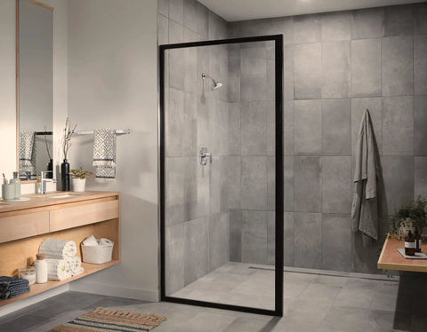 Modern bathroom with Genta LX Chrome Modern 18-Inch Single Kitchen Or Bathroom Towel Bar With Sleek Mirror-Like Finish on wall.