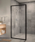 Modern bathroom with grey tiles, glass shower door, and chrome showerhead featuring Eight Function Showerhead With High Pressure Massage Modes.