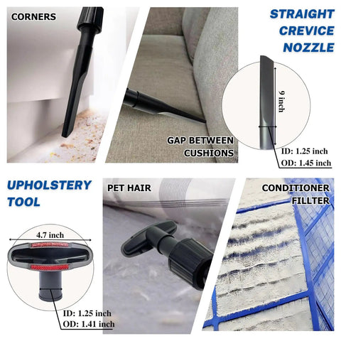 All In One Vacuum Attachment Kit With Horsehair Hardwood Floor Brush and crevice nozzle for corners and cushions