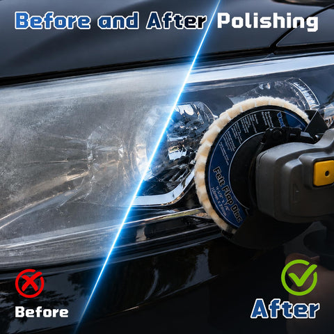 Before and after polishing with 5 Pack Wool Felt Flap Polishing Discs For Angle Grinder Four Point Five Inch By Seven Eighth Inch Arbor High Density Wool Buffing Pads For Marble Metal Stone Glass Stainless Steel Furniture Mirror Finish Dope Quality