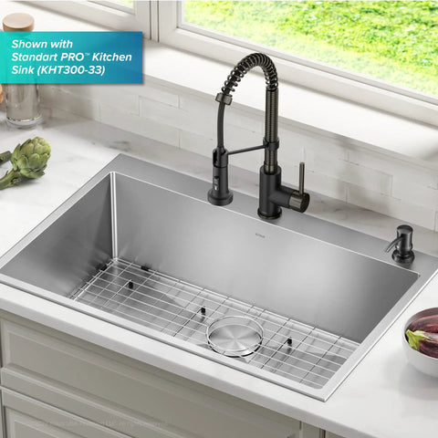 Spot Free Black Stainless Steel Kitchen Soap And Lotion Dispenser With Heavy Duty Brass Pump 17 Oz Bottle next to sink