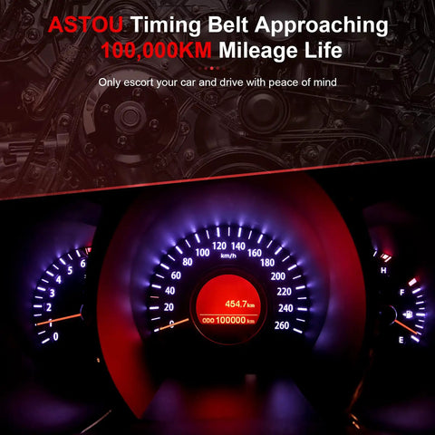 Timing Belt approaching 100,000 km displayed on car dashboard in red lighting