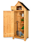 Outdoor Wooden Storage Shed With Safety Latch Teak Finish Durable Garden Tool Cabinet All Weather Patio Organizer For Big Yard Tools