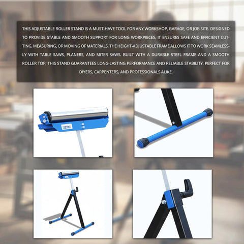 Folding Beefy Roller Stand Heavy Duty Steel Support With 60Kg Load Capacity Portable Infeed Outfeed Roller For Table Saw Planer Woodworking And Workshop In One Pack Easy Setup And Adjustable Height For Versatile Shop Use, shown in multiple angles.