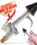 Badass Stainless Steel Air Nozzle Blow Gun For Compressor Systems High Pressure Dust Blaster With Five Point Three Inch Jet Tip Slick For Tight Spaces And Workshop Rig Cleanup Tasks in hand with cleaning sign.