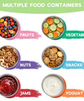 Six Pack 8oz Stainless Steel Snack Containers For Kids With Silicone Lids displaying fruits, vegetables, nuts, snacks, jams, and yogurt.