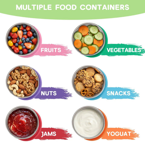 Six Pack 8oz Stainless Steel Snack Containers For Kids With Silicone Lids displaying fruits, vegetables, nuts, snacks, jams, and yogurt.