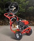 Heavy Duty Pressure Washer Hose Reel 50 Feet Three Eighths Inch Steel Bracket Mounted For Wall Floor Or Truck Mount 4000 PSI